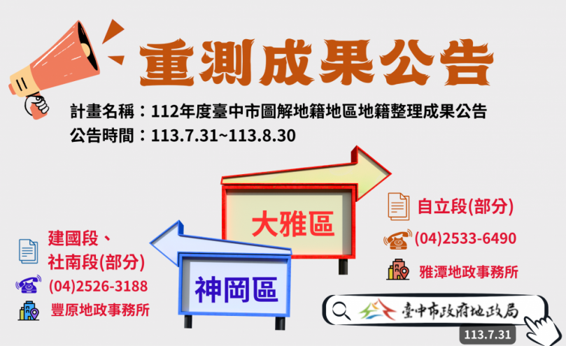 去年度中市大雅、神岡圖解地籍整理   即日起至8月30日公告成果