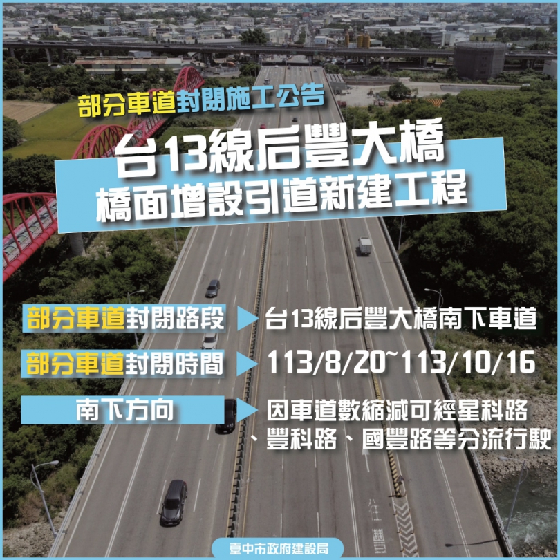 新設引道橋面將現身！中市后豐大橋8月20日起調整部分車道