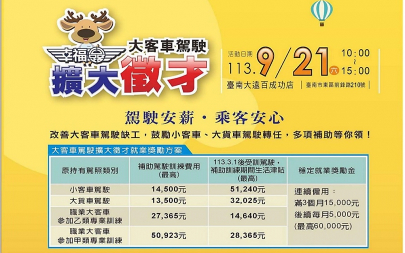 嘉義區監理所21日臺南大遠百徵才　超過250個大客車駕駛職缺等你加入