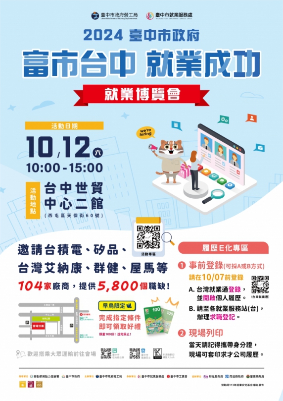 中市府就業博覽會10月12日盛大登場  釋5800個職缺、薪資上看7萬5千元