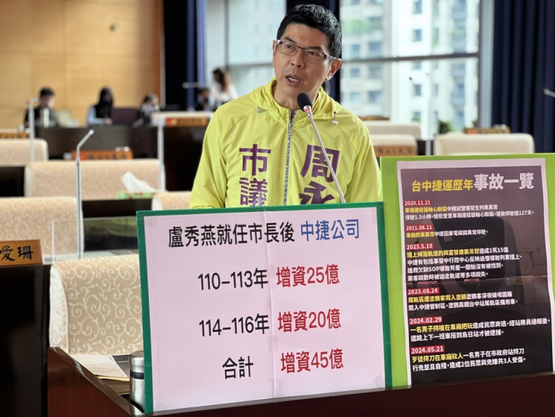 中捷公司重大事故頻傳   民進黨台中市議員周永鴻要求精進人力配置與危機應變流程