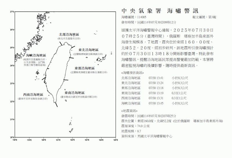 俄羅斯外海餘震不斷   新竹市沿岸海嘯預警   提醒市民提高警覺