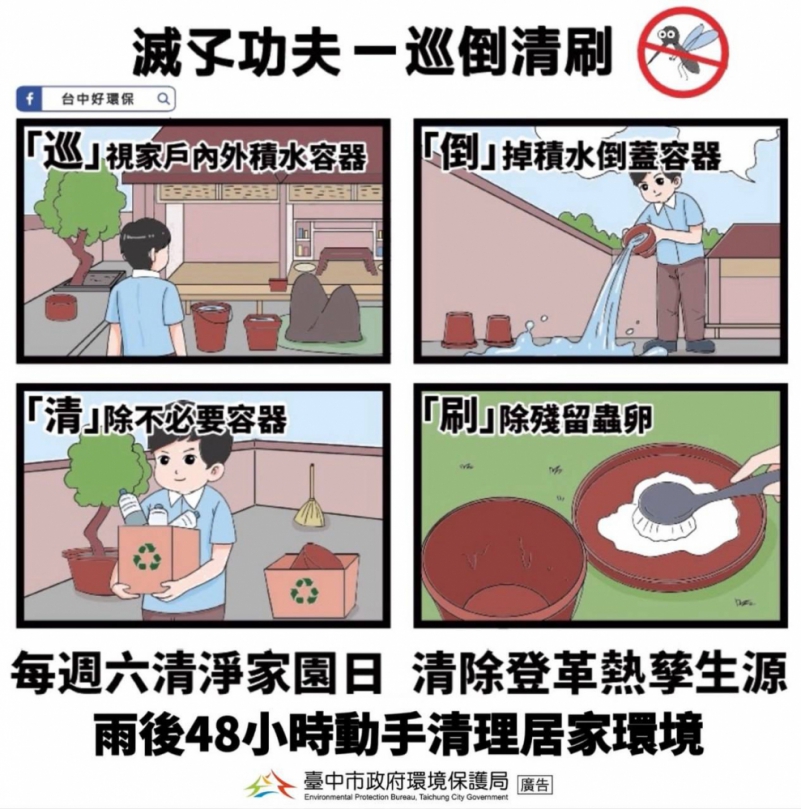 把握雨後黃金48小時！中市環保局呼籲「巡、倒、清、刷」防止登革熱