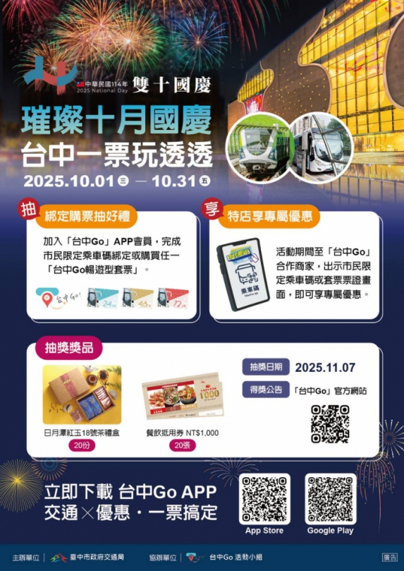 璀璨十月國慶 台中Go限時優惠套票10/1開賣！