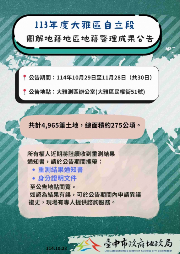 113年度大雅區自立段圖解地籍地區地籍整理成果公告