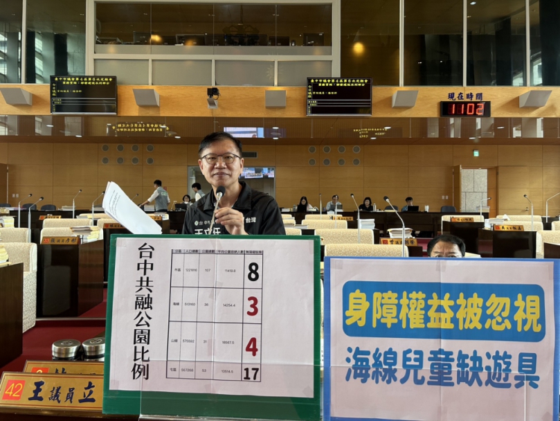 臺中市共融公園分布嚴重失衡  無障礙遊具在海線地區僅有3座  民進黨市議員王立任呼籲建設局正視區域平衡  保障身心障礙兒童的遊憩權益   建設局：中市打造全齡共融公園   已完成232座並將加強海線區域平衡發展