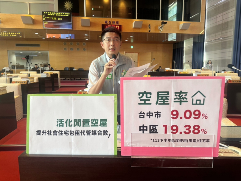 台中市空屋率近幾年有攀升的趨勢，住宅自有率更是六都最低，但社宅卻是持續供不應求  民進黨議員黃守達要求中市府積極提升社會住宅包租代管媒合率，活化閒置住宅