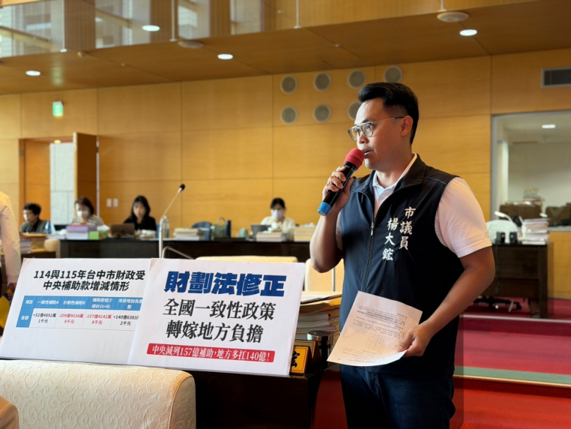 國民黨台中市議員楊大鋐痛批中央補助大減致財源下滑  市長盧秀燕：將研擬方案補百億缺口