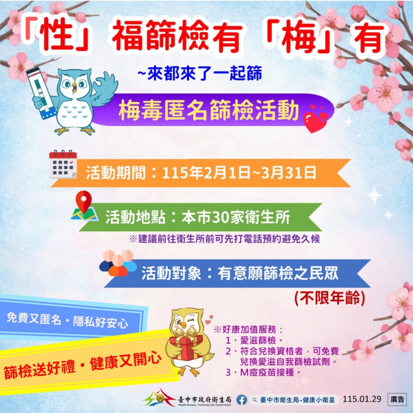 中市衛生局推「性福篩檢有梅有」活動   籲市民定期篩檢守護健康