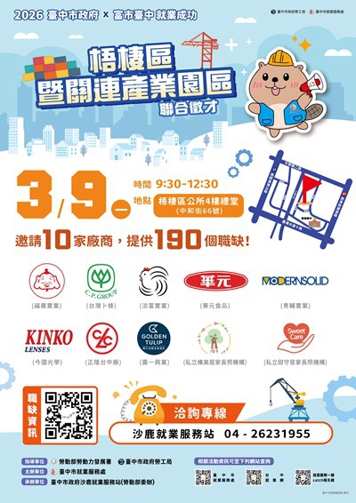 中市梧棲區暨關連產業園區徵才9日登場共10家廠商、190名職缺