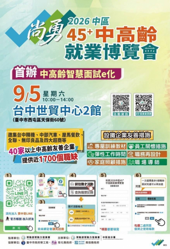 40家企業搶45⁺熟齡人才  「尚勇2026中區45⁺中高齡就業博覽會」 9月5日暖心登場
