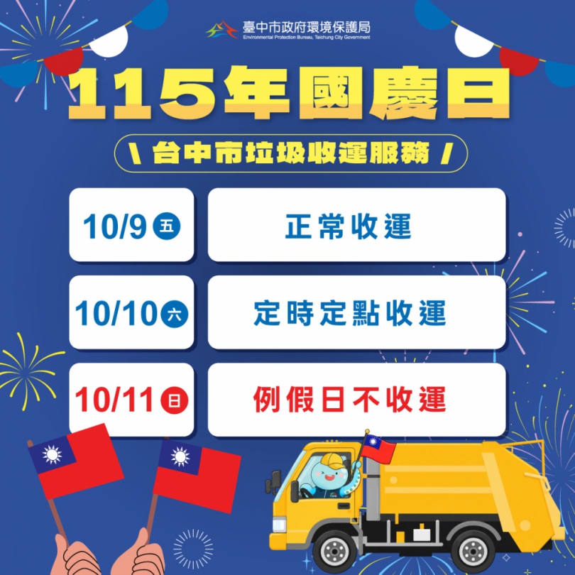 雙十國慶垃圾收運看這裡！中市10月10日採定時定點服務　10月11日停收