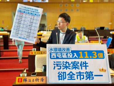 西屯區水環境改善斥資11.3億 污染案件數卻全市最高 民進黨台中市議員林祈烽要求中市府強化污染防治