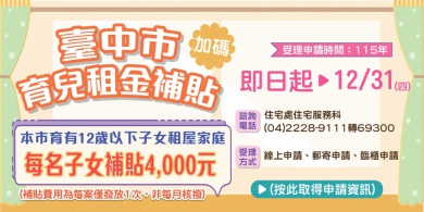中市育兒租金補貼1月1日開放申請   每名子女補助4千元且無子女數上限