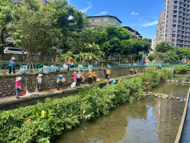 （圖上）樹林區中山里水環境巡守隊於鹿角溪淨溪情形