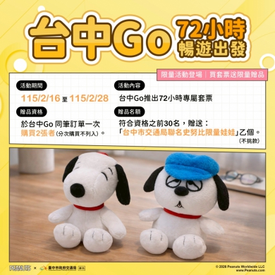 萌度爆表！「台中Go × 史努比」聯名套票首發   史努比陪您春節暢遊台中
