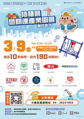 中市梧棲區暨關連產業園區徵才9日登場共10家廠商、190名職缺