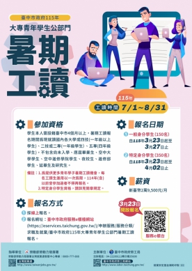 中市115年大專青年公部門暑期工讀 3/23起受理報名