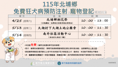新竹縣免費狂犬病預防注射及寵物登記   4/25起北埔登場
