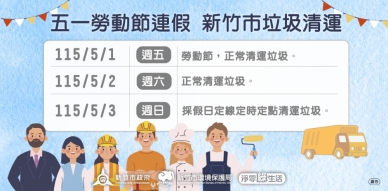 新竹市垃圾清運51連假不打烊   高虹安提醒落實資收維護家園