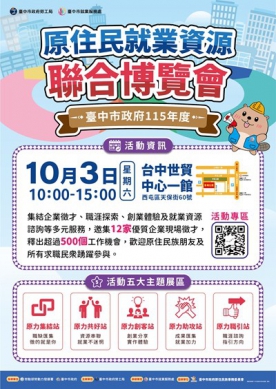 中市首辦原住民就業資源聯合博覽會10月3日登場五大展區逾500職缺一次掌握